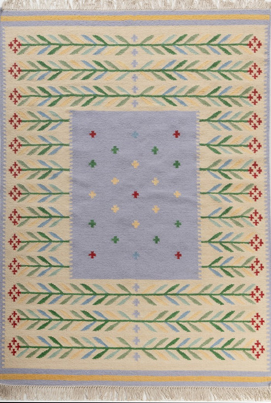 Cream White Floral Pattern Wool Flatweave Handmade Area Rug for Living, Bedroom and Dining Room