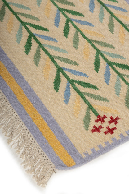 Cream White Floral Pattern Wool Flatweave Handmade Area Rug for Living, Bedroom and Dining Room
