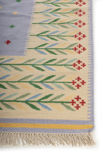 Cream White Floral Pattern Wool Flatweave Handmade Area Rug for Living, Bedroom and Dining Room