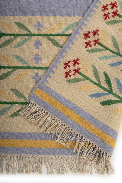 Cream White Floral Pattern Wool Flatweave Handmade Area Rug for Living, Bedroom and Dining Room