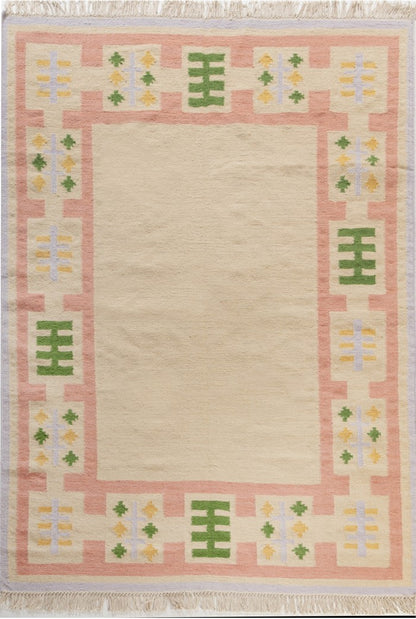 Modern  Pastel Geometric Border Wool Rug
