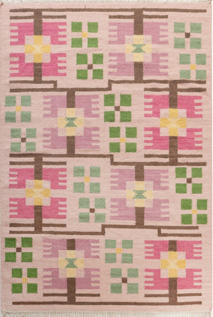 Blush Pink Floral Grid Wool Area Rug
