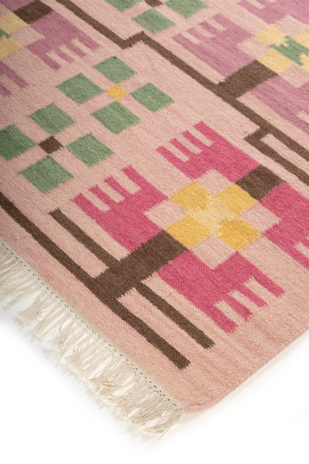 Blush Pink Floral Grid Wool Area Rug