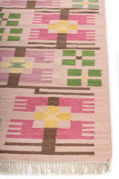 Blush Pink Floral Grid Wool Area Rug