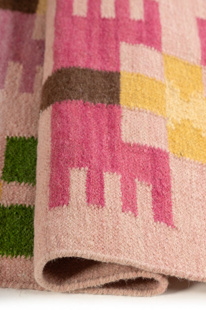 Blush Pink Floral Grid Wool Area Rug