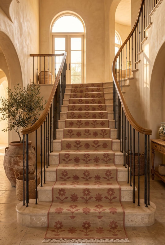 Floral Pattern Beige and Rust Narrow Long Runner Rug