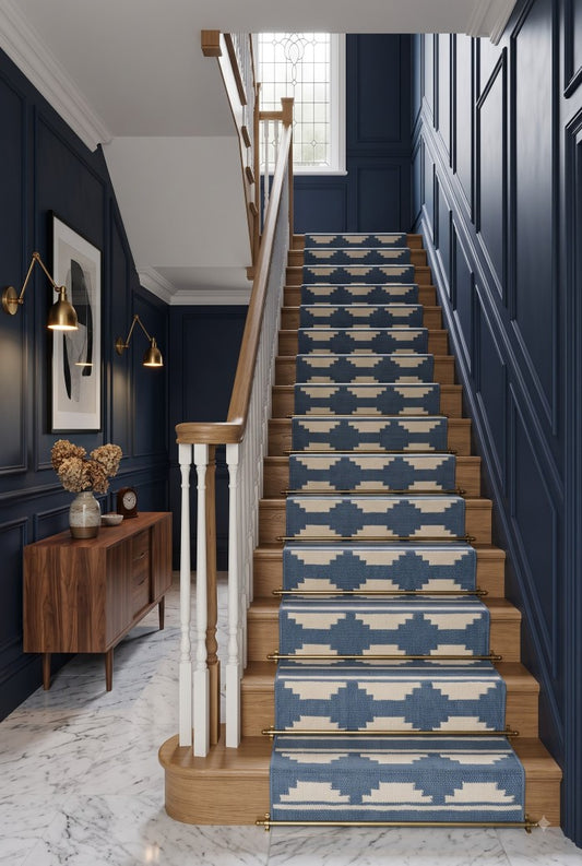 Handwoven Blue And White Wool Flatweave Runner Rug