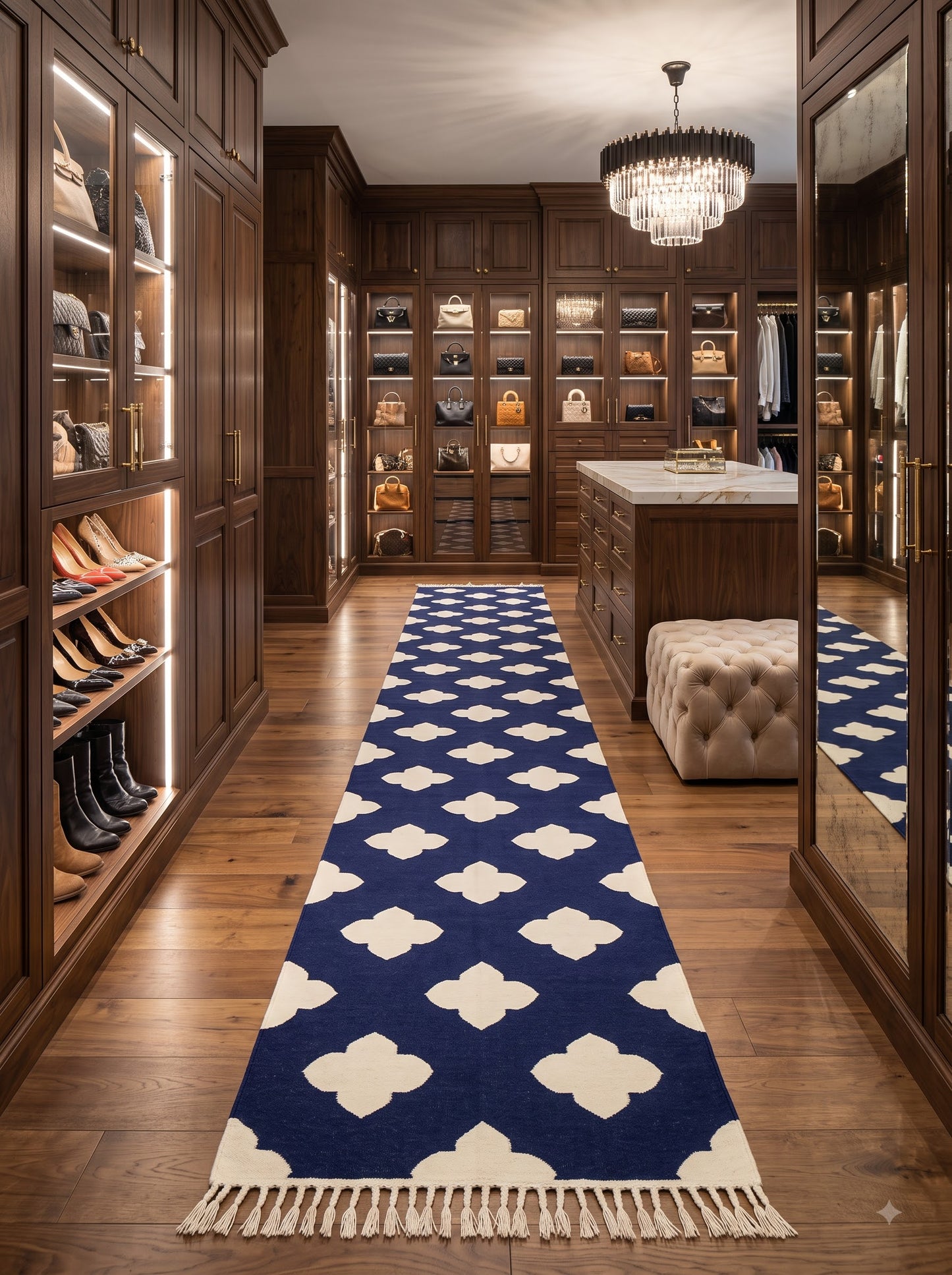 Navy Quatrefoil Handwoven Cotton Flatweave Runner