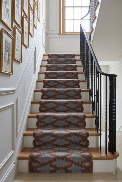 Hand Tufted Wool Runner Rug Scalloped Edge Brown Purple Teal  Stair Runner
