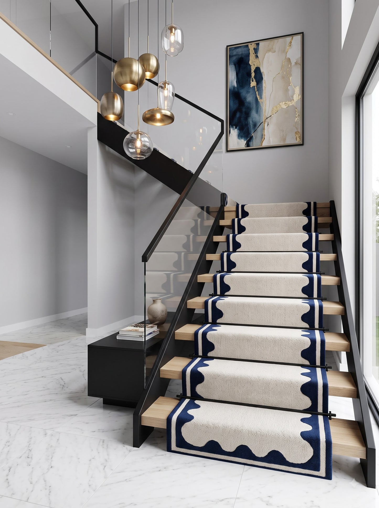 Hand Tufted Wool Runner Rug - Scalloped Navy Blue Border Ivory Hallway Carpet