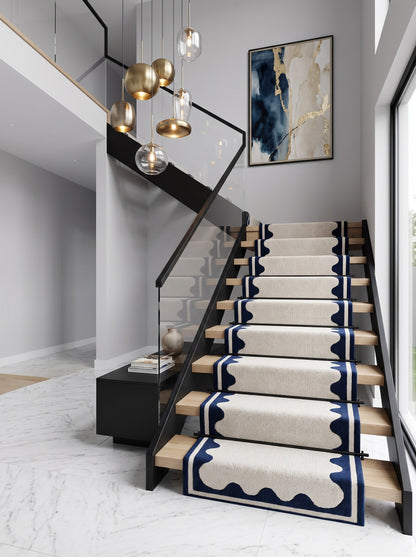 Hand Tufted Wool Runner Rug - Scalloped Navy Blue Border Ivory Hallway Carpet