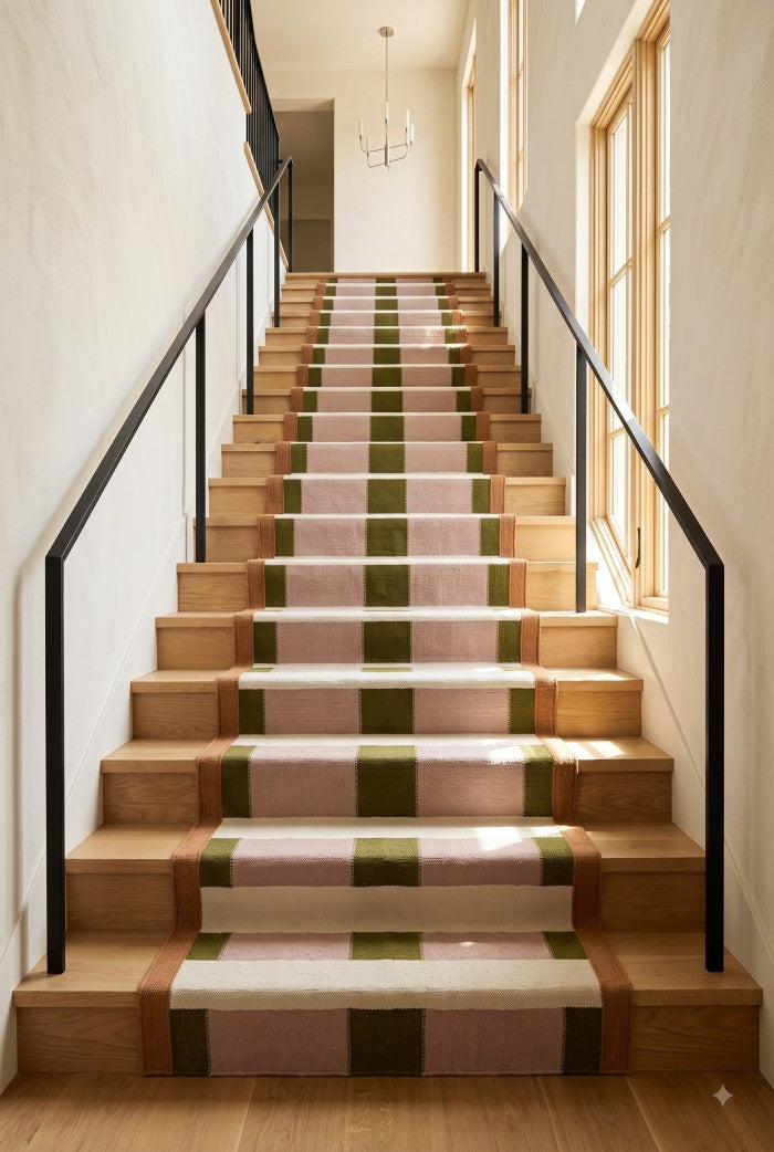 Handwoven Olive Green & Blush Pink Checkered Hallway Runner
