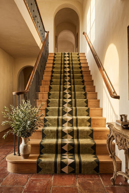 Handmade Geometric Olive Green Wool Runner Rug