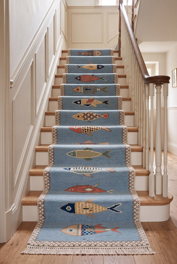 Hallway Runner Rug Blue Fish Pattern Oushak, Handmade Wool Animal Motif Stair runner rug