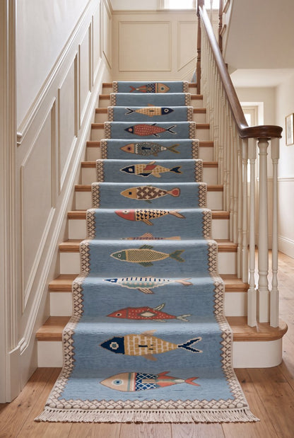 Hallway Runner Rug Blue Fish Pattern Oushak, Handmade Wool Animal Motif Stair runner rug