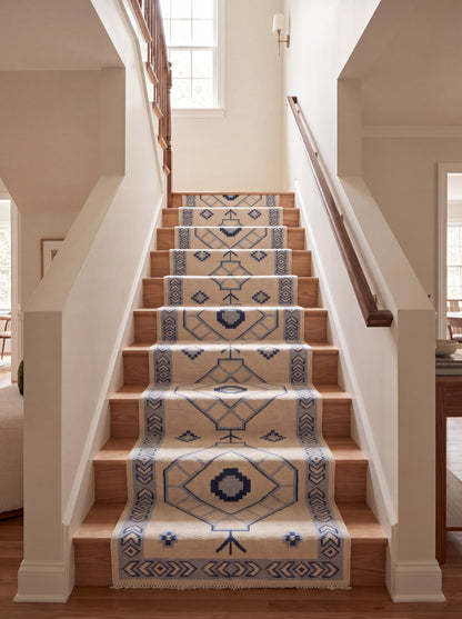 Oushak Vintage Style Runner, Blue Ivory Kitchen Handmade Turkish Runner Rug