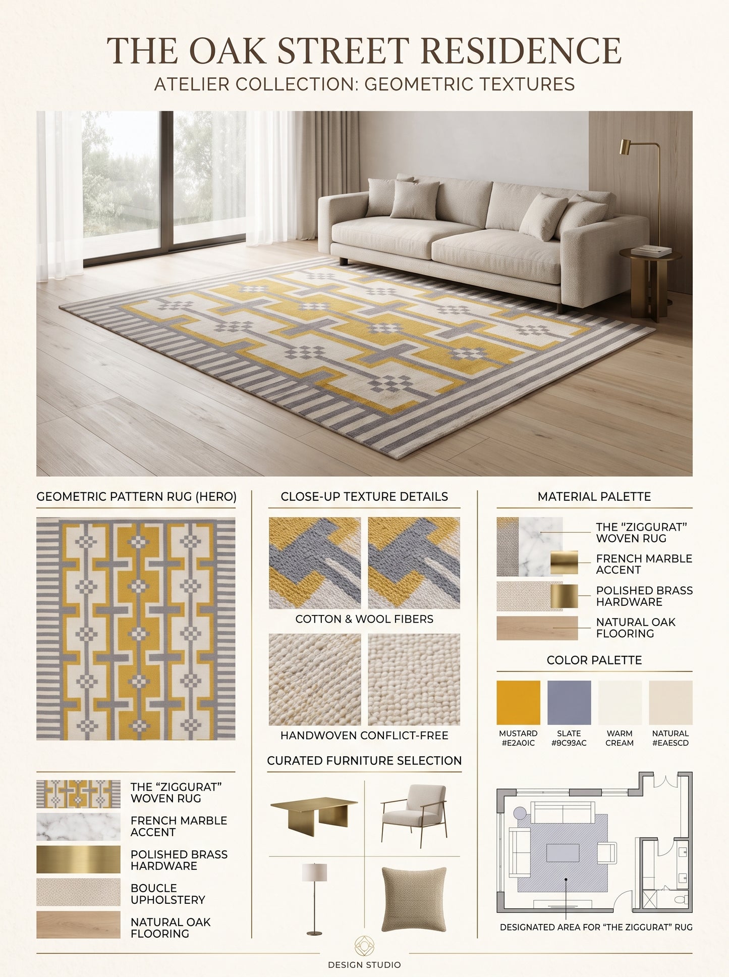 Bauhaus Step Striped Border and Mustard Geometric Pattern rug