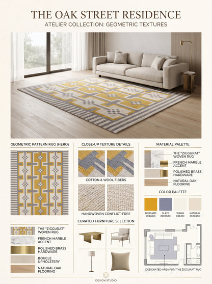 Bauhaus Step Striped Border and Mustard Geometric Pattern rug