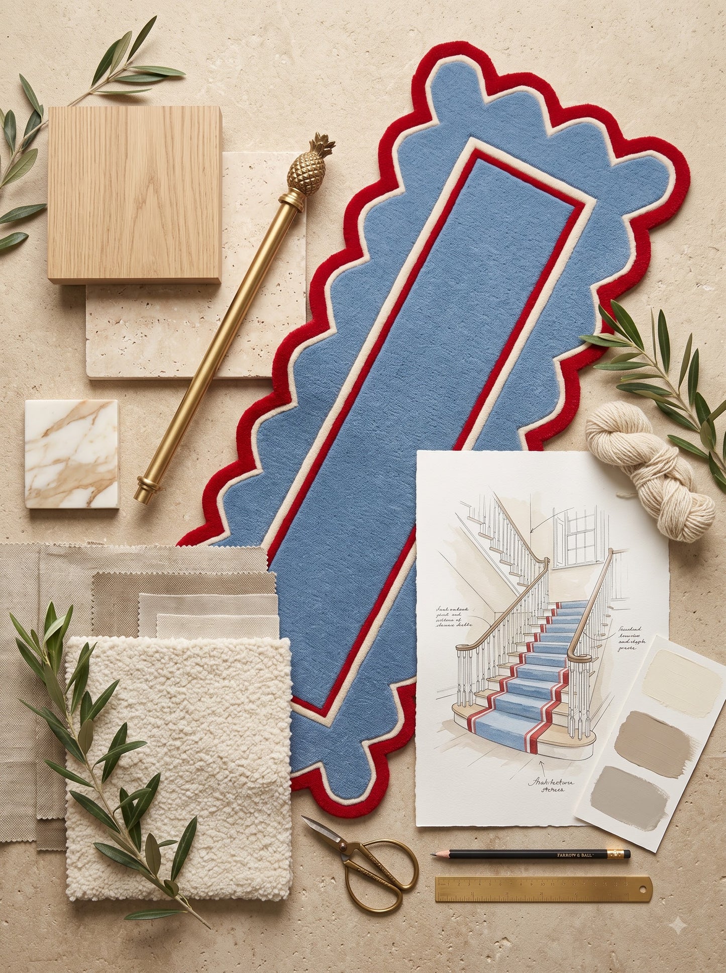 Scalloped Geometric Floral Stair Runner, Handcrafted Tufted Runner