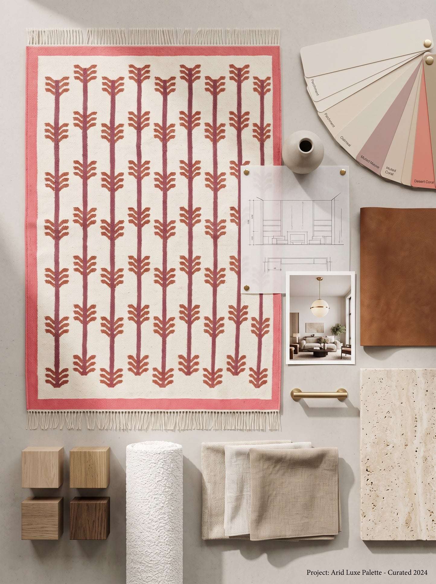 Rose Chevron Stem Dusty Rose Pink & Ivory Cotton Wool Dhurrie