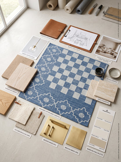Cornflower Checkered Medallion Geometric Stepped Diamond Border Flatweave rug