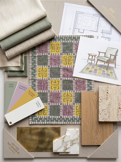 Greek Key Color-Block Matrix - Modern Yellow & Purple Wool Cotton Dhurrie Rug