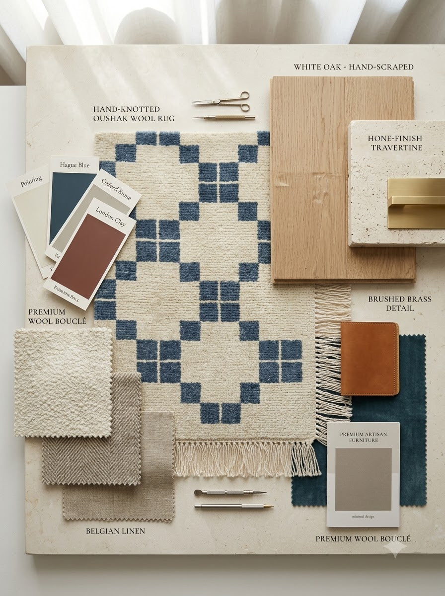 Hand-Knotted Wool Oushak Carpet, Blue And White Geometric Area Rug