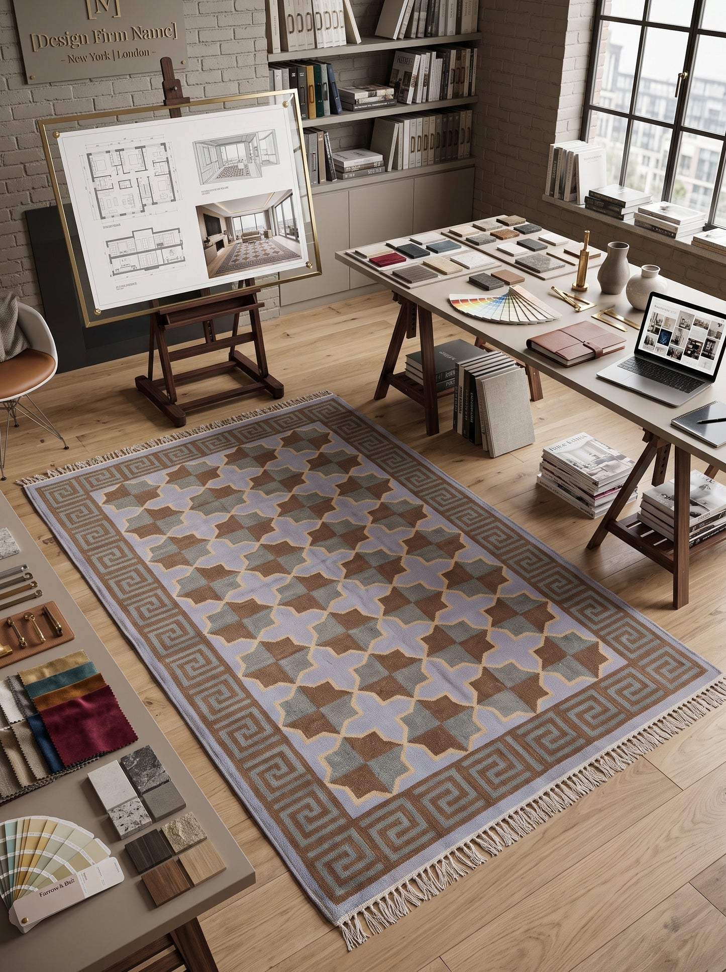 Mediterranean Star Trellis Greek Key Border Flatweave Rug
