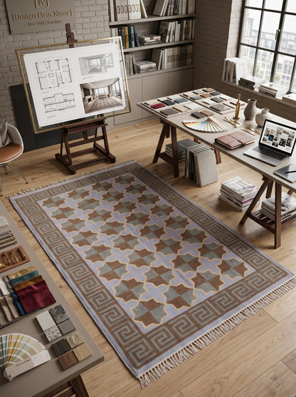 Mediterranean Star Trellis Greek Key Border Flatweave Rug