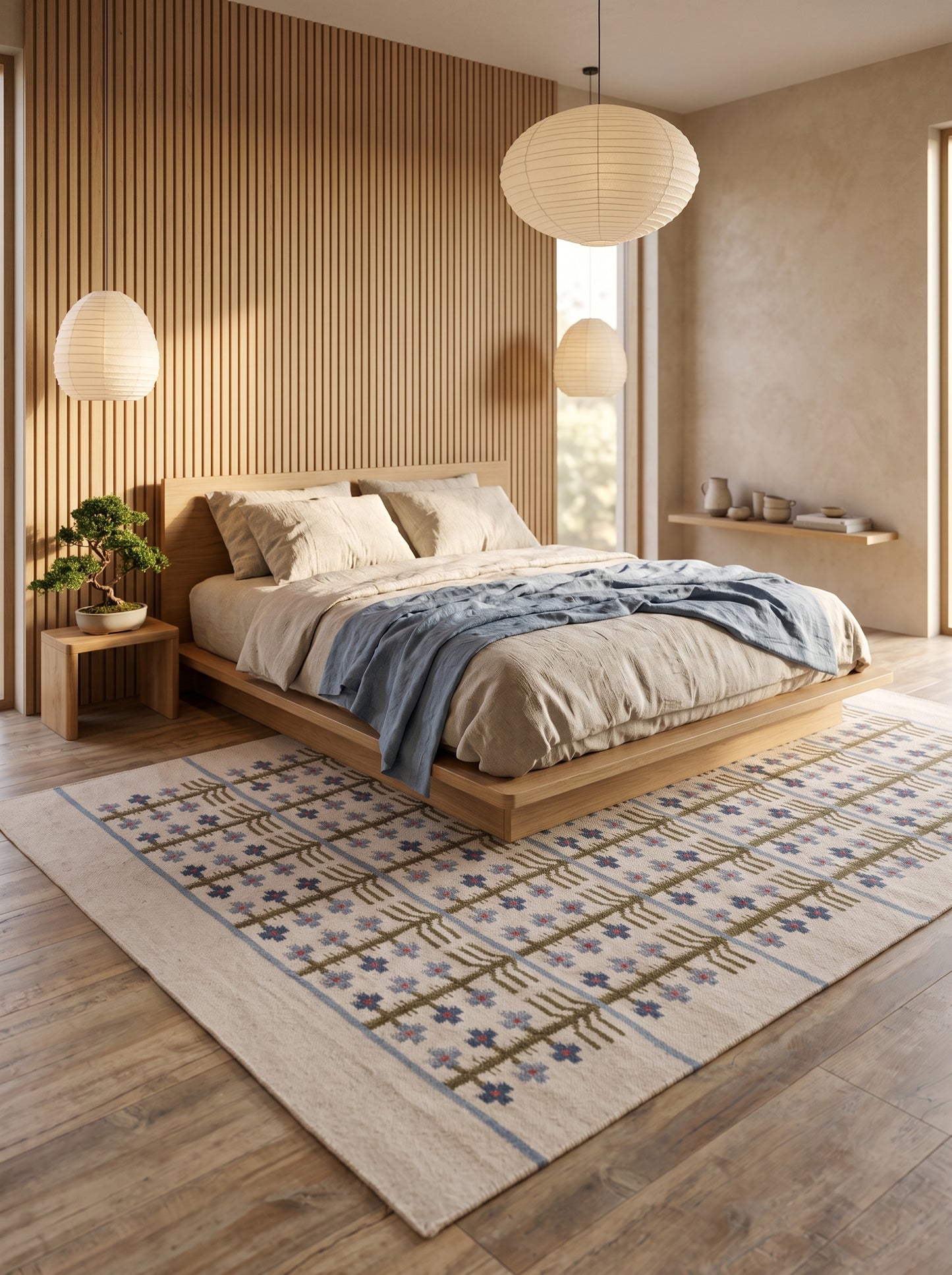 Olive & Denim Tree Trellis Handwoven Symmetrical Folk Rug
