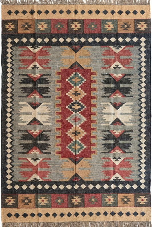 Nomad Heritage Crest Tribal Wool Jute Kilim Rug