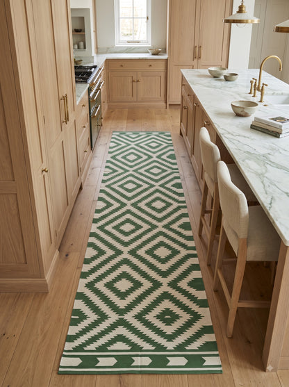Green Diamond Cotton Runner Rug, Hallway Runner Rug