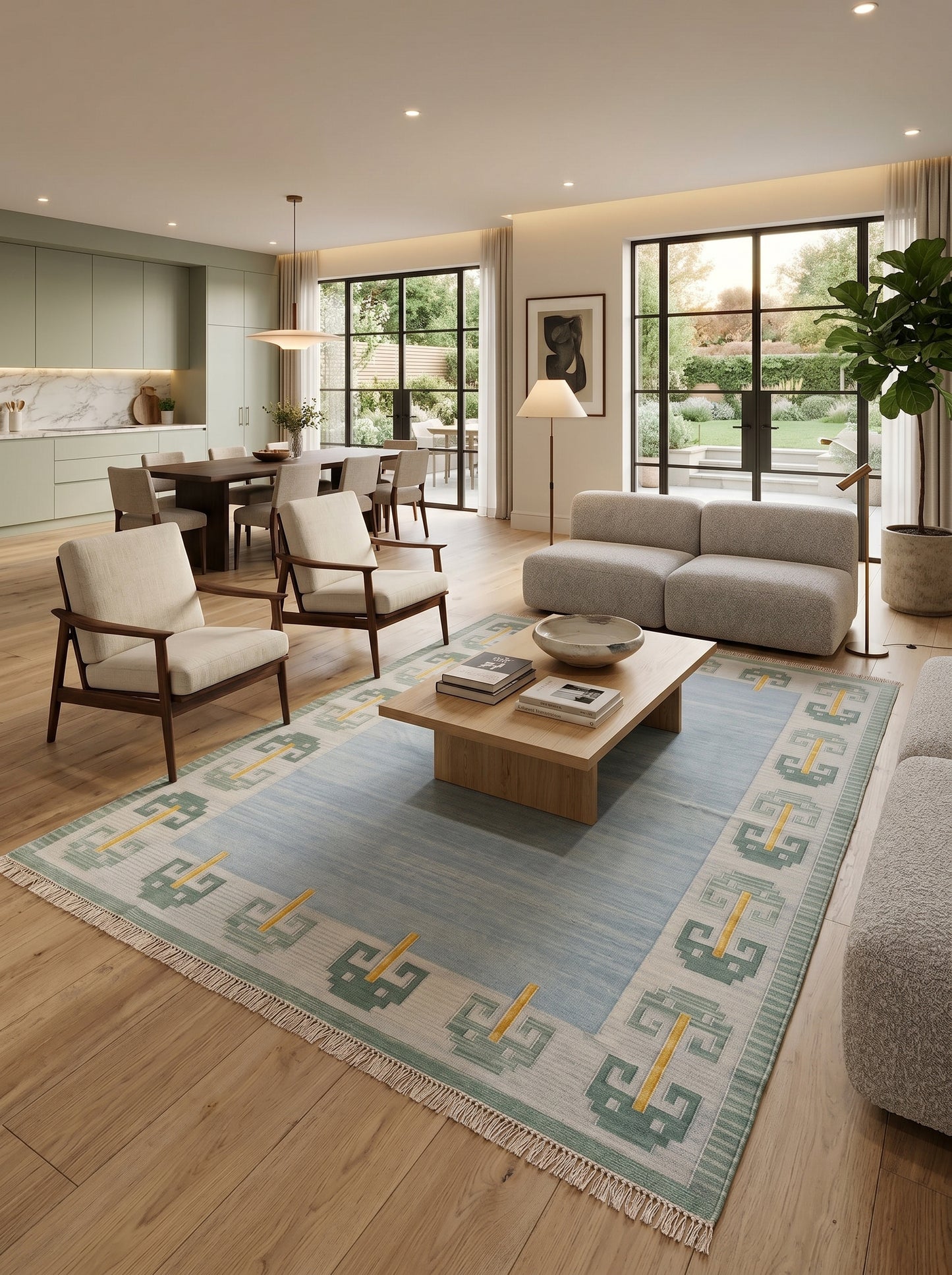 Pastel Blue Cotton Flatweave Rug Retro Modern Area Rug for Bedroom