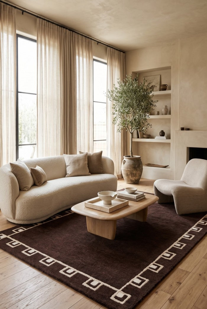 Hand-tufted Yves Bordered Wool Rug, Chocolate Brown Geometric Area Rug