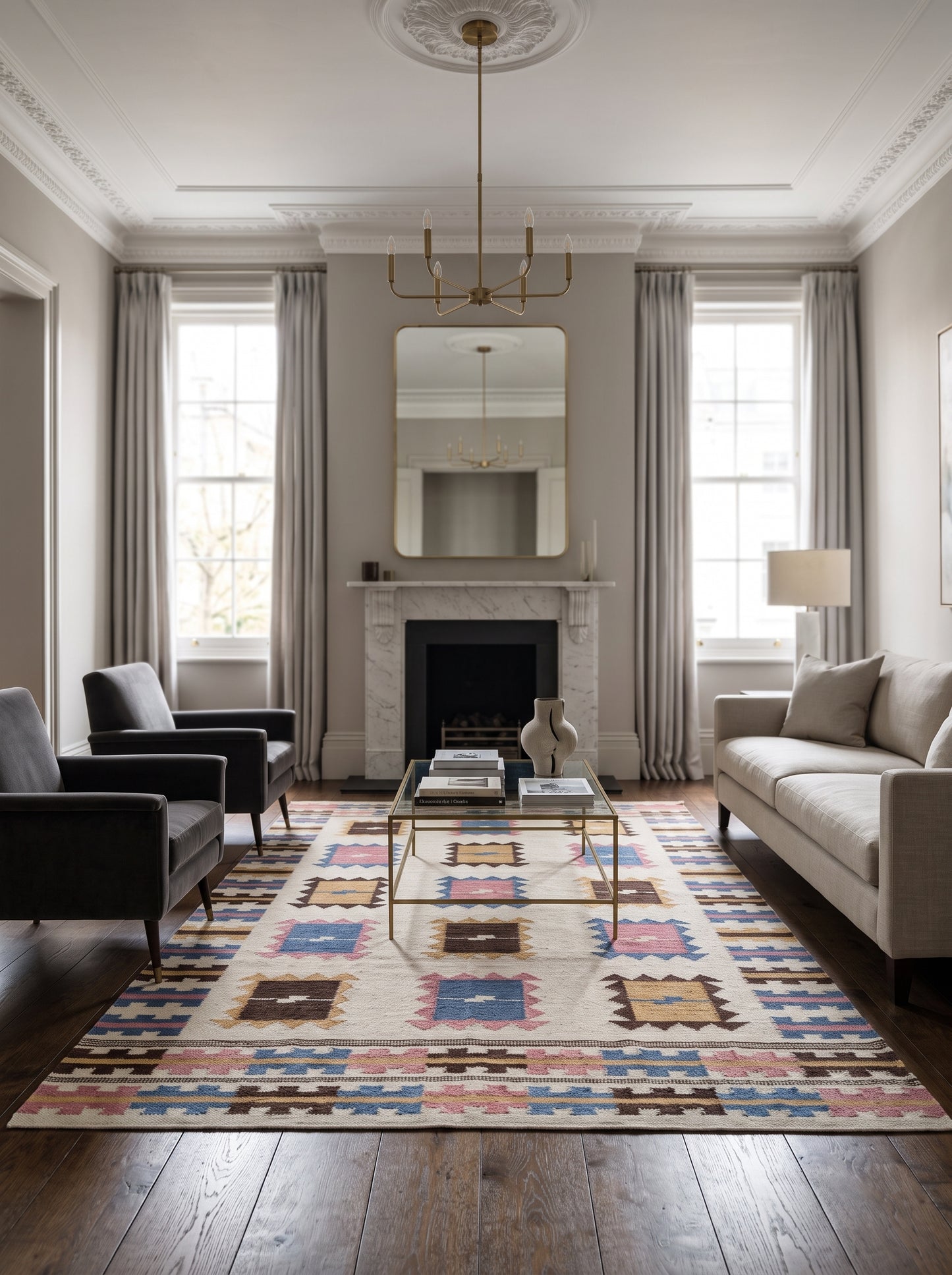 Nomadic Pastel Blocks Wool and Cotton Kilim Rug