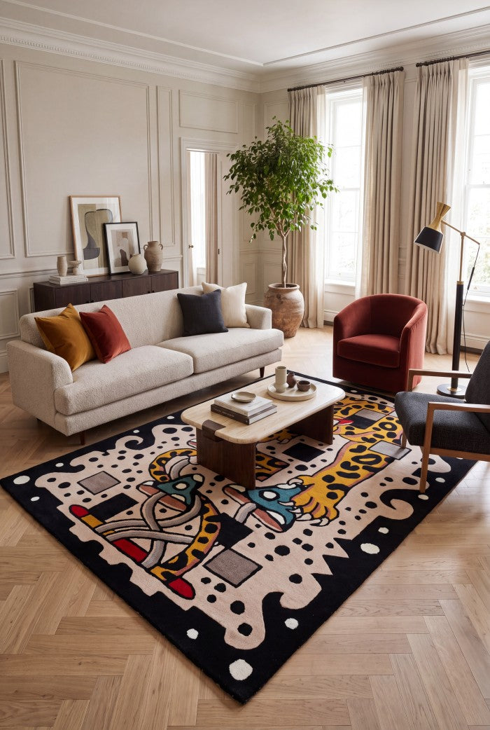 Hand-Tufted Wool Leopard Rug, Maximalist Animal Art Carpet