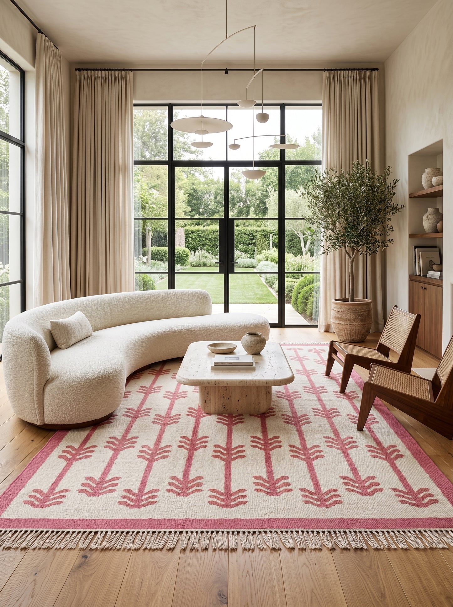 Rose Chevron Stem Dusty Rose Pink & Ivory Cotton Wool Dhurrie