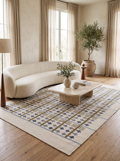 Olive & Denim Tree Trellis Handwoven Symmetrical Folk Rug