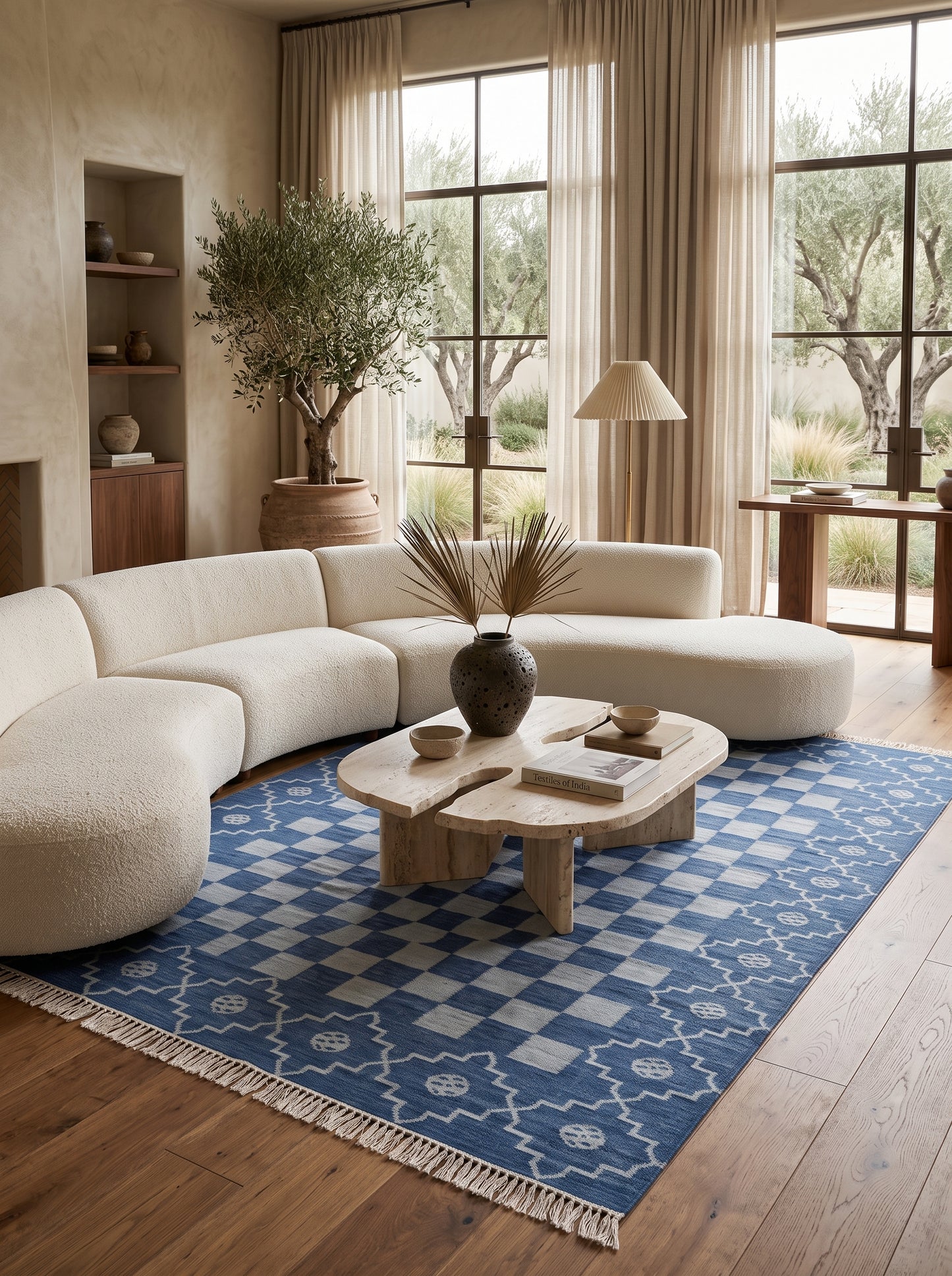 Cornflower Checkered Medallion Geometric Stepped Diamond Border Flatweave rug