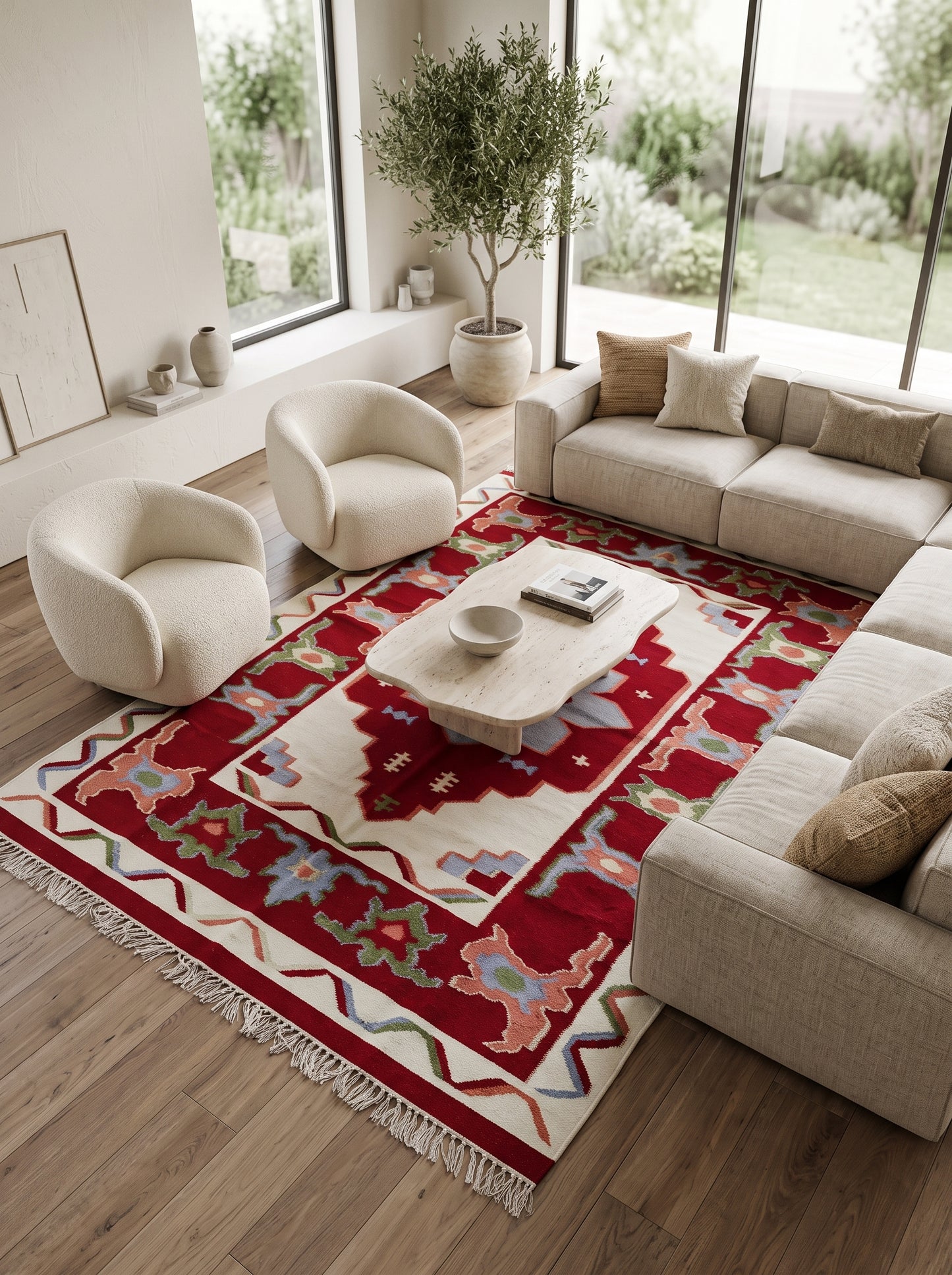 Handmade Crimson Mesa Medallion Cotton Wool Rug