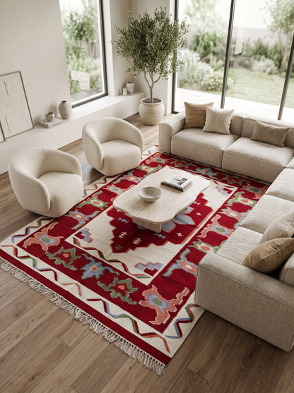 Handmade Crimson Mesa Medallion Cotton Wool Rug
