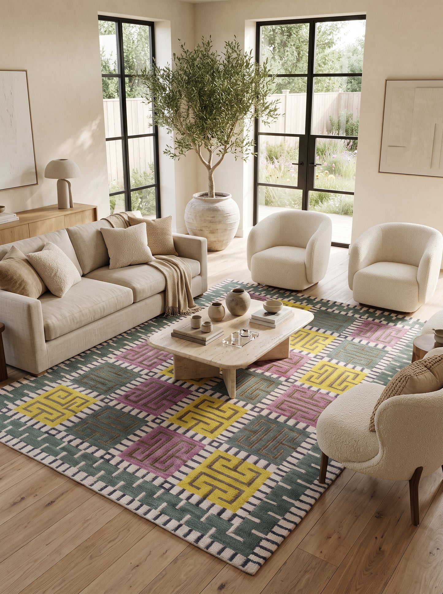 Greek Key Color-Block Matrix - Modern Yellow & Purple Wool Cotton Dhurrie Rug