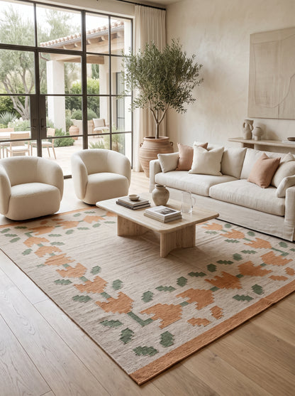 Oatmeal Terracotta Vine Geometric Kilim rug