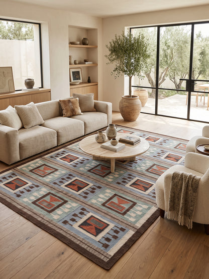 Southwestern Aztec Block Matrix wool rug