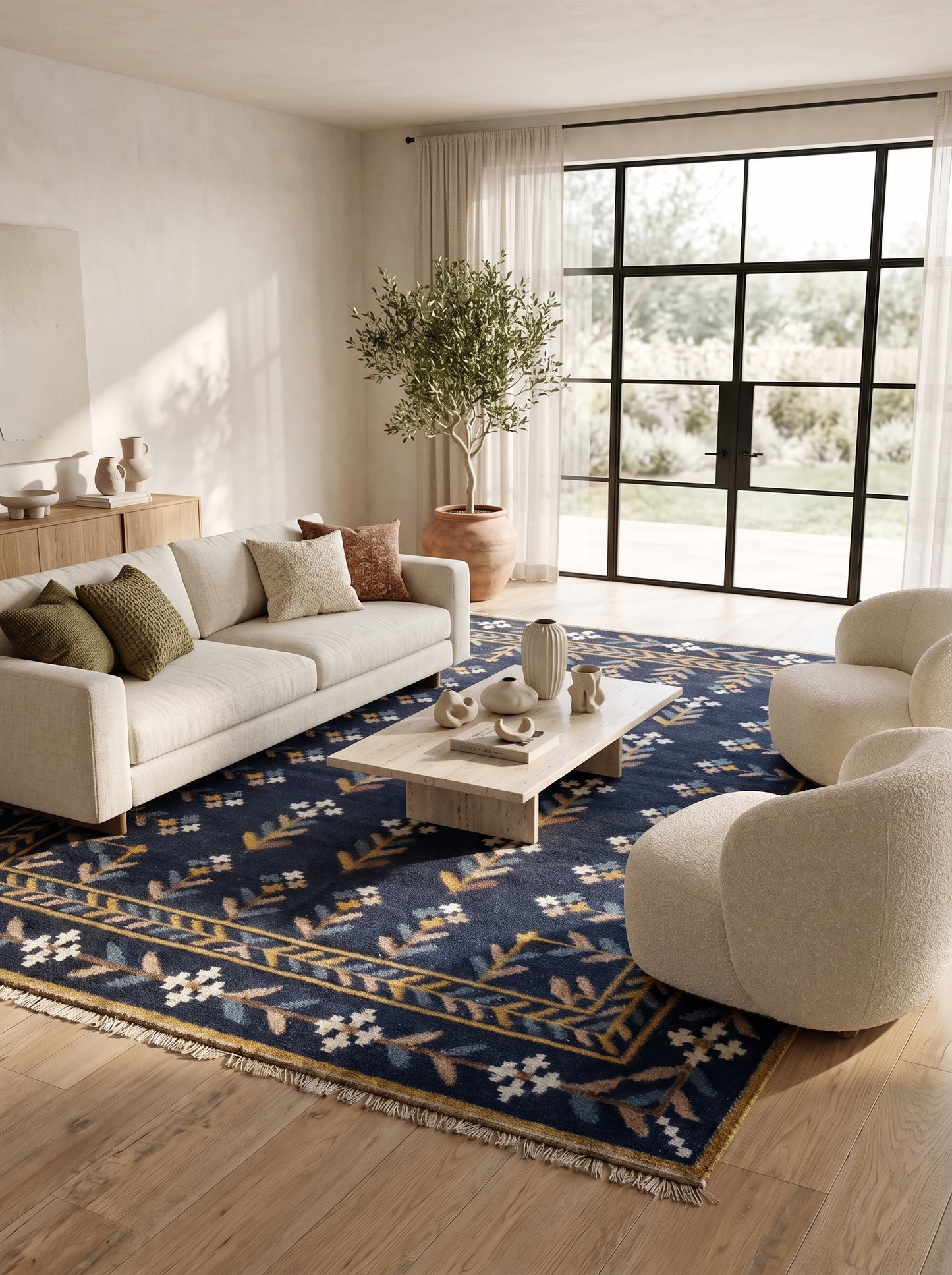 Royal Indigo Botanical Buti Flower Rug