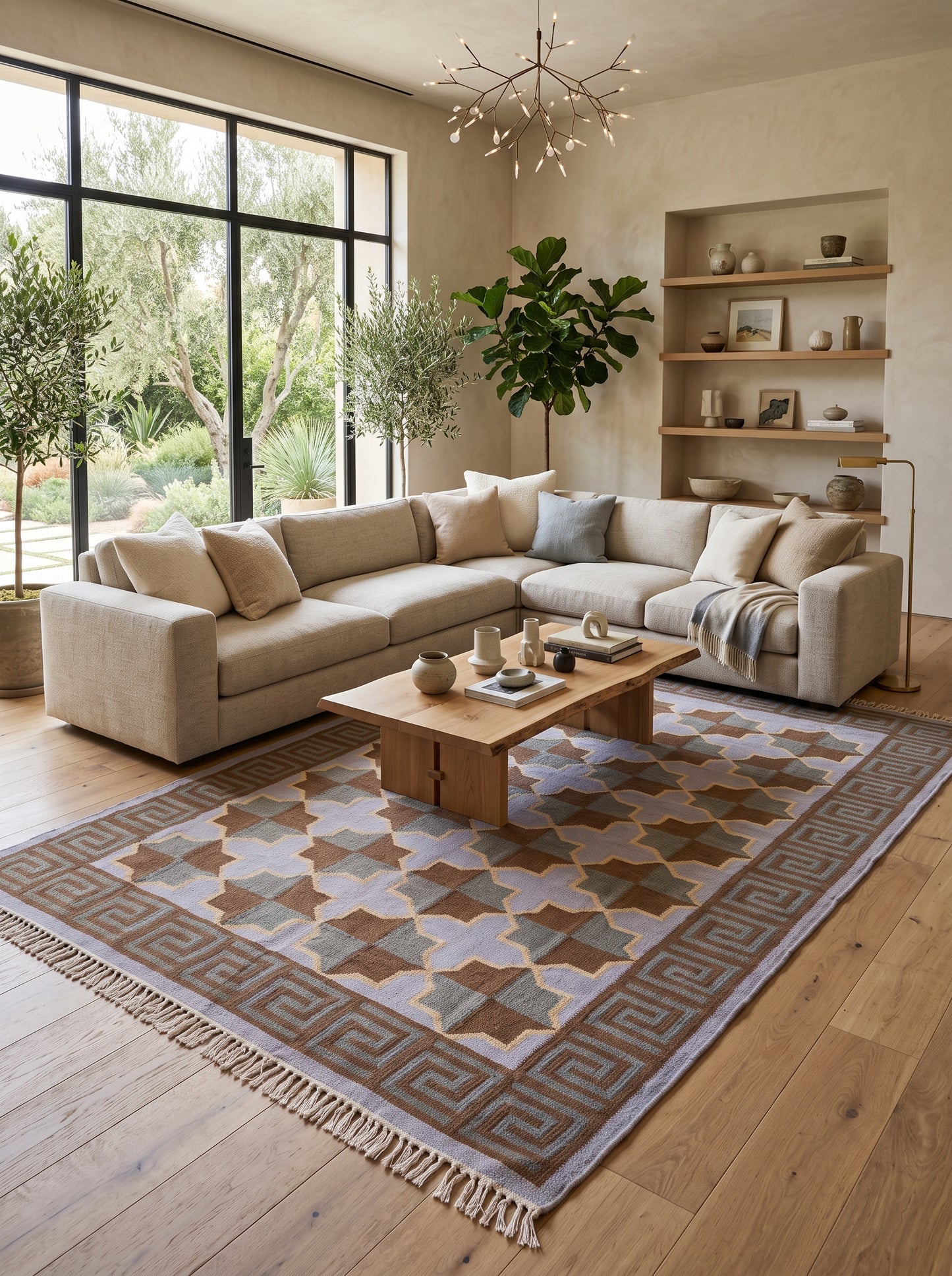 Mediterranean Star Trellis Greek Key Border Flatweave Rug