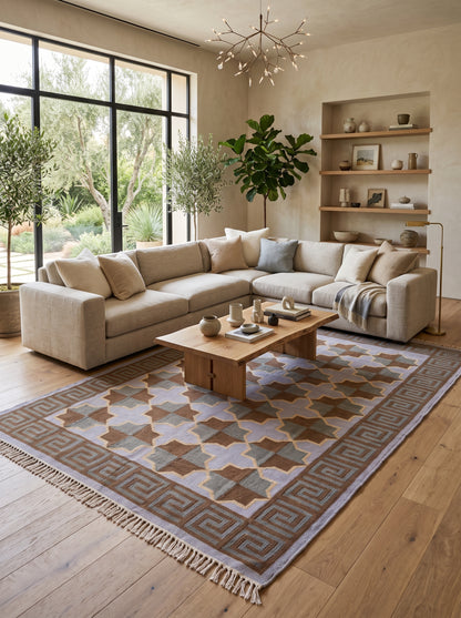 Mediterranean Star Trellis Greek Key Border Flatweave Rug