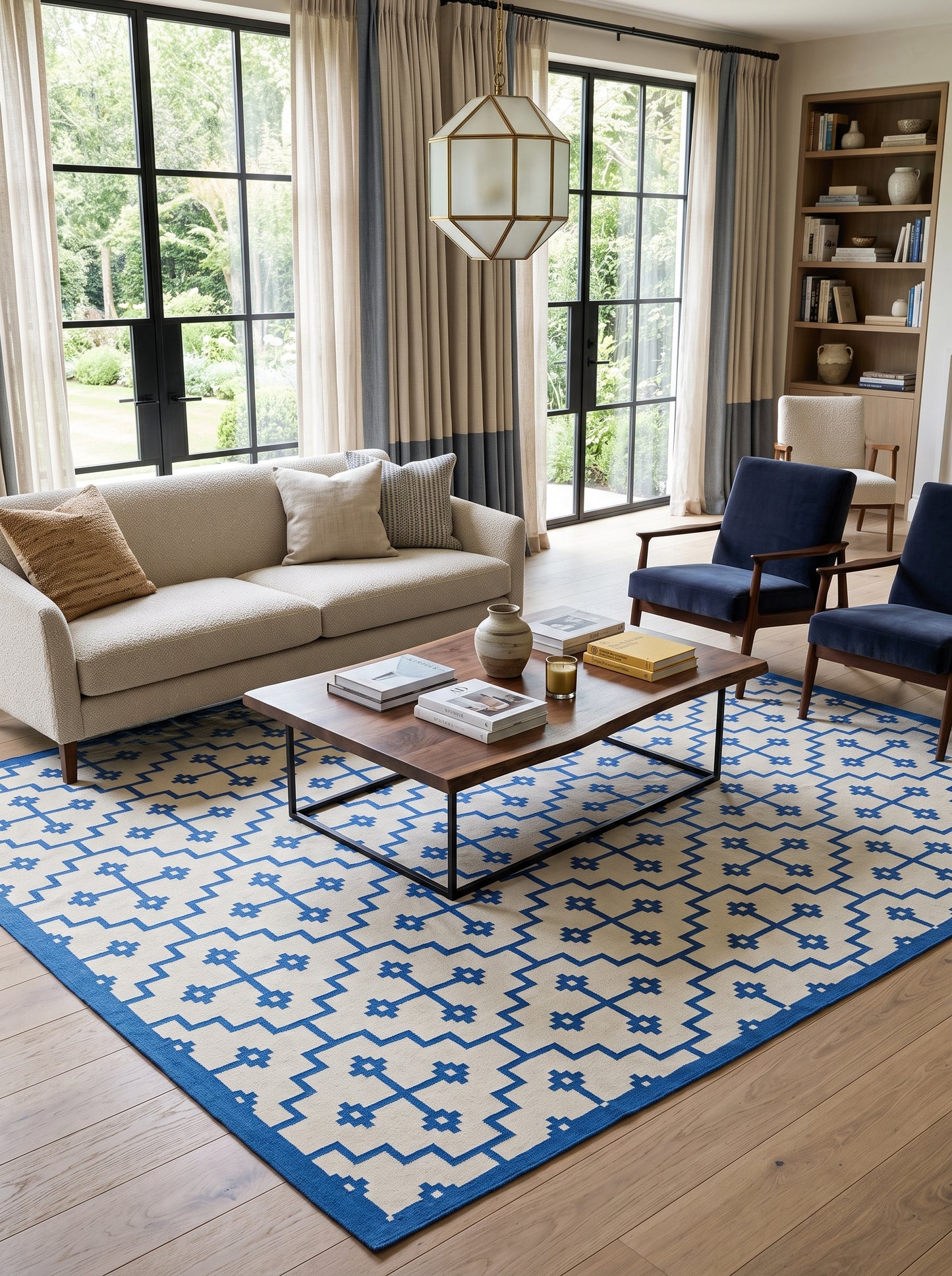 Blue Ivory Geometric Cross Cotton Flatweave Rug