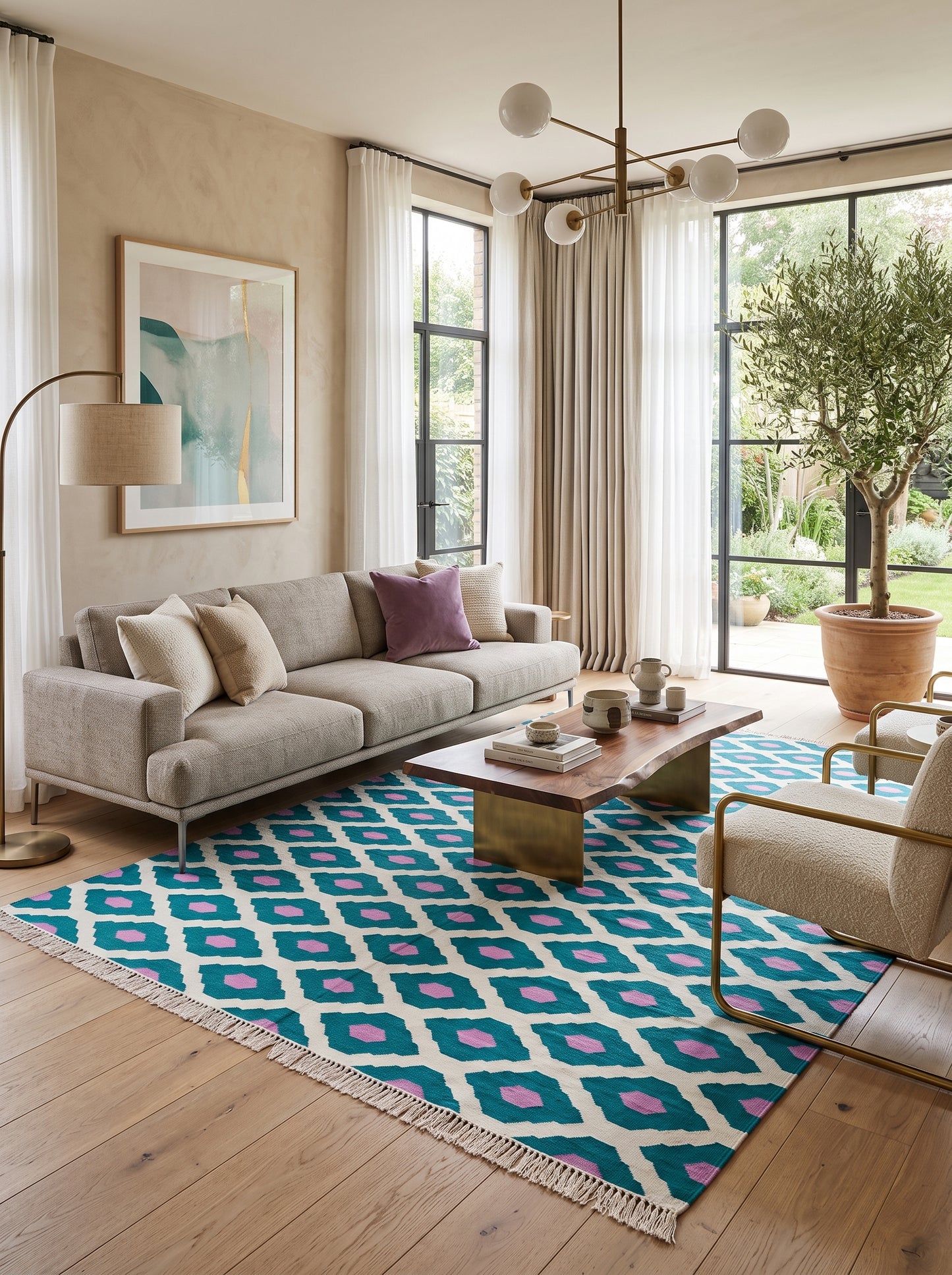 Teal Magenta Geometric Diamond Cotton Flatweave Rug