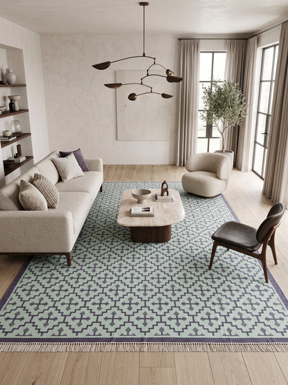 Blue Ivory Geometric Cross Diamond Cotton Flatweave Rug
